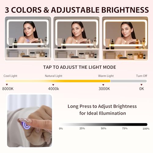 Dowinx Small Vanity Desk with Mirror and Lights, Small Makeup Vanity Desk with LED Lighted Mirror, Makeup Table with 3 Lighting Modes & Adjustable Brightness, Dressing Table for Women Girls Bedroom Dowinx