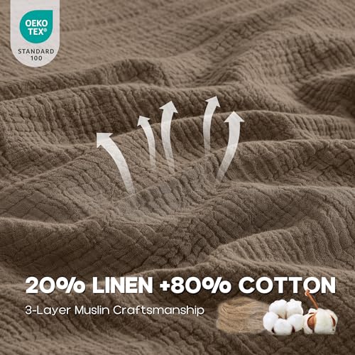 Simple&Opulence Linen Muslin Duvet Cover Set Queen Size, 3Pcs Brown Linen Cotton 3-Layer Gauze Minimalist Comforter Cover 88”x92”, Ultra Soft Breathable Seersucker Bedding Set with 2 Pillowcases Simple&Opulence