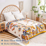 XIBLC Boho Throw Blanket, 100% Cotton Ultra Soft Luxury Throw Rustic Quilt, 50"x60" Floral Bird Butterfly Farmhouse Decor Bed Blankets, All Season Rustic Reversible Bohemian Throw for Bed - Yellow XIBLC