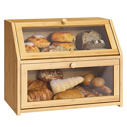 Farmhouse Bread Box for Kitchen Countertop Bread box Double Layer Bamboo Wooden Extra Large Capacity Bin Kitchen Food Storage Container(Natural) BMOSU