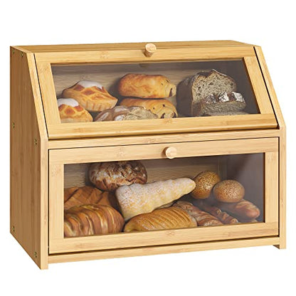 Farmhouse Bread Box for Kitchen Countertop Bread box Double Layer Bamboo Wooden Extra Large Capacity Bin Kitchen Food Storage Container(Natural) - WoodArtSupply