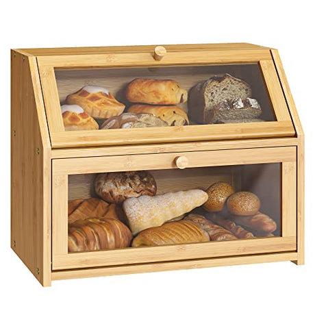 Farmhouse Bread Box for Kitchen Countertop Bread box Double Layer Bamboo Wooden Extra Large Capacity Bin Kitchen Food Storage Container(Natural) BMOSU