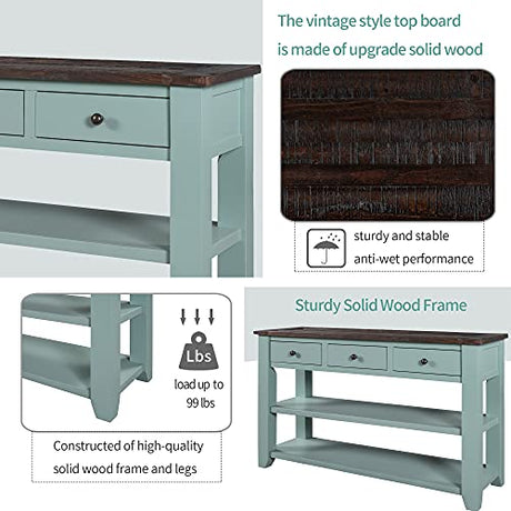48'' Solid Wood Console Table, Modern Entryway Sofa Side Table with 3 Storage Drawers and 2 Shelves. Easy to Assemble (Green) Quarte