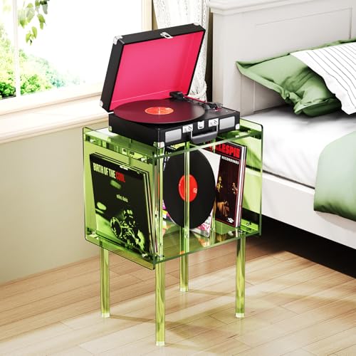 solaround Acrylic Record Player Stand, with Vinyl Storage, Clear Acrylic Side Table, (Green) solaround