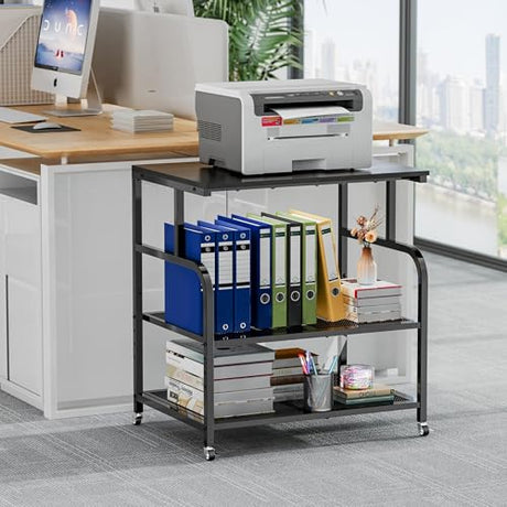 niffgaff Mobile Printer Stand with Large Desktop - 3 Tier Shelf, 24.4 Inch Height, Wooden Organizer for Home&Office, Black niffgaff