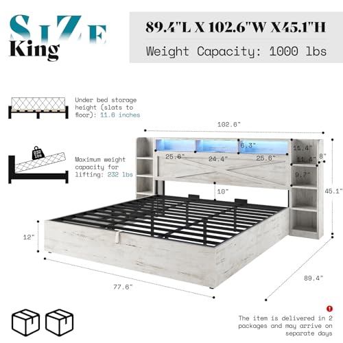 AMERLIFE King Size Lift Up Storage Bed Frame, 45.1" LED Bed Frame with 2 Side Shelves & Bookcase Headboard, Farmhouse Wood Platform Bed with Charging Station, No Box Spring Needed, Distressed White AMERLIFE