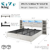 AMERLIFE King Size Lift Up Storage Bed Frame, 45.1" LED Bed Frame with 2 Side Shelves & Bookcase Headboard, Farmhouse Wood Platform Bed with Charging Station, No Box Spring Needed, Distressed White AMERLIFE