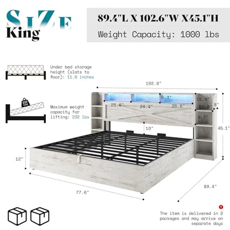 AMERLIFE King Size Lift Up Storage Bed Frame, 45.1" LED Bed Frame with 2 Side Shelves & Bookcase Headboard, Farmhouse Wood Platform Bed with Charging Station, No Box Spring Needed, Distressed White AMERLIFE