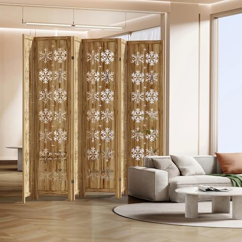Casaphoria 6 Panels Room Divider, Folding Screen Room Divider with Snowflake Pattern for Home Office, Restaurant and Bedroom, Paulownia Wood, 95" W x 67" H (Natural) Casaphoria