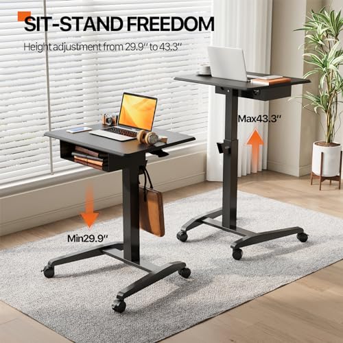 JOY worker Height Adjustable Rolling Laptop Desk with Shelf,Mobile Standing Desk,Pneumatic Mobile Laptop Table with Wheels for Couch Home Office School,Holds Up to 22lbs,Black JOY worker