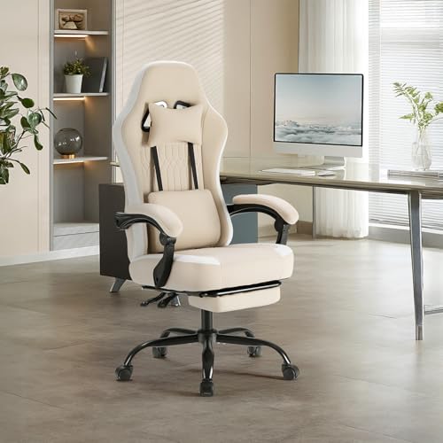Sweetcrispy Computer Gaming Chair - High Back Ergonomic Desk Chair with Footrest and Lumbar Support, Height Adjustable Task Chair with Linkage Armrests and Headrest, 360° Swivel Wheels, Khaki Sweetcrispy