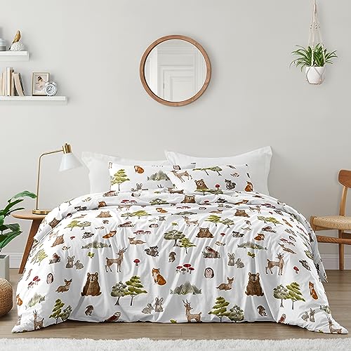 Sweet Jojo Designs Woodland Forest Animals Boy Girl Gender Neutral Unisex Queen Comforter Set Full Size Bedding Kids Teen Adult Bed Room 3pc Brown Bear Owl Animal Print Tree Deer Bunny Taupe Friends Sweet Jojo Designs