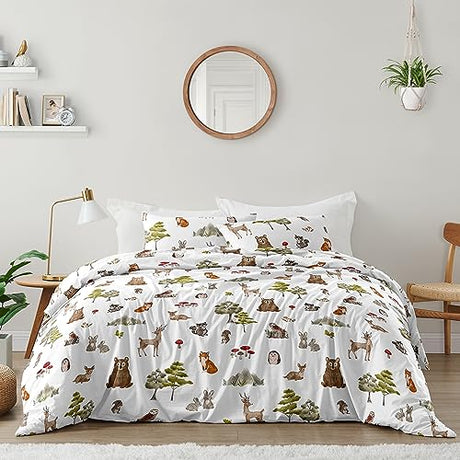 Sweet Jojo Designs Woodland Forest Animals Boy Girl Gender Neutral Unisex Queen Comforter Set Full Size Bedding Kids Teen Adult Bed Room 3pc Brown Bear Owl Animal Print Tree Deer Bunny Taupe Friends Sweet Jojo Designs