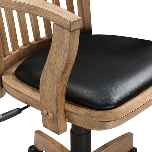 OSP Home Furnishings Deluxe Wood Banker's Desk Chair with Padded Seat, Adjustable Height and Locking Tilt, Fruitwood Finish and Black Vinyl - WoodArtSupply