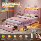 VIAGDO Pink Twin Bed Frames with LED Lights, Upholstered Platform Bed Frame Twin Size with Storage Headboard and Charging Station, LED Twin Bed Frame, No Box Spring Needed VIAGDO