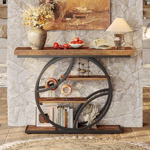 Huuger 41.3 Inch Entryway Table, Industrial Console Sofa Table with Storage, Accent Table with Shelves, for Entry, Hallway, Entrance, Foyer, O-Shaped Metal Frame, Rustic Brown Huuger
