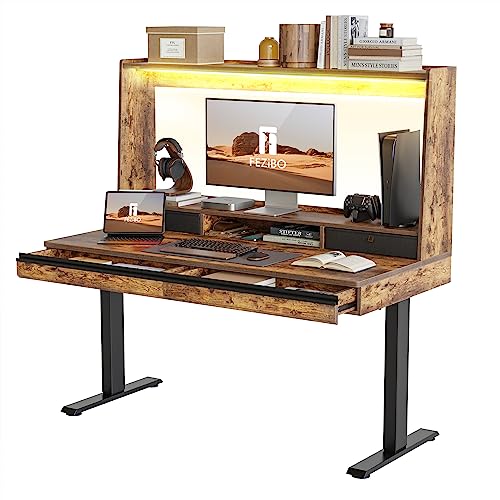 FEZIBO 55 x 27.5 Inches Electric Standing Desk with Open Shelf&LED Strip, Adjustable Height Sit Stand Up Desks with 4 Drawers, Ergonomic Workstation，Rustic Brown - WoodArtSupply