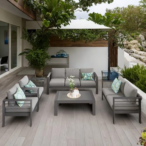 Solaste Aluminum Patio Furniture Set,5 Pieces Modern Outdoor Conversation Set Sectional Sofa with Upgrade Cushion and Coffee Table,Grey Solaste