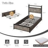 VINGLI Twin Platform Set of 2 with 4 Storage Drawers and Headboard Shelf, Metal Single Bed Frame with LED Lights and Charging Station, No Box Spring Needed, Easy Assembly, Wash Grey VINGLI