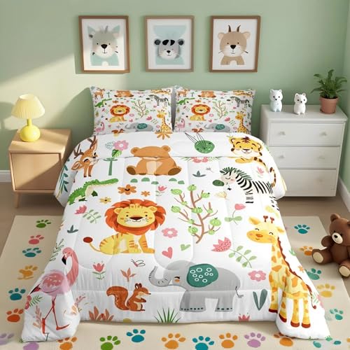 Feelyou Twin Size Cartoon Lions Giraffe Comforter Set Zoo Animals Bedding Set Flamingo Zebra Comforter for Kids Boys Girls Kawaii Animals Duvet Insert 2Pcs Feelyou