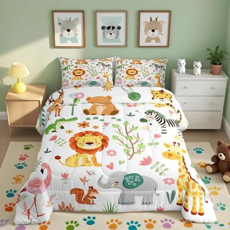 Feelyou Twin Size Cartoon Lions Giraffe Comforter Set Zoo Animals Bedding Set Flamingo Zebra Comforter for Kids Boys Girls Kawaii Animals Duvet Insert 2Pcs Feelyou