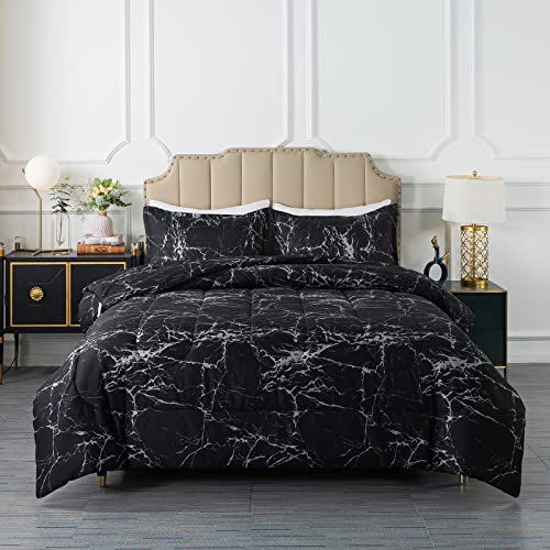 Caressma Black Marble Comforter Set Full Size, 3 Pieces Modern Pattern Soft Microfiber Bedding Comforter Set, Down Alternative Comforters for All Season (79 * 90") Caressma