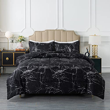 Caressma Black Marble Comforter Set Full Size, 3 Pieces Modern Pattern Soft Microfiber Bedding Comforter Set, Down Alternative Comforters for All Season (79 * 90") Caressma