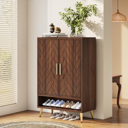 Tribesigns Shoe Cabinet with Doors, 6-Tier 18 Pairs Shoe Storage Cabinet for Entryway, Wooden Entryway Shoe Cabinet with Adjustable Shelves for Living Room, Bedroom (Walnut, Gold Legs) - WoodArtSupply