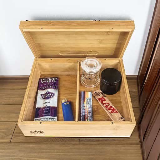 Large Bamboo Stash Box w/Ample Storage Space to Organize Herb Accessories - Comes with Convertible Rolling Tray Lid - (10" x 8" x 3.5") Subtle