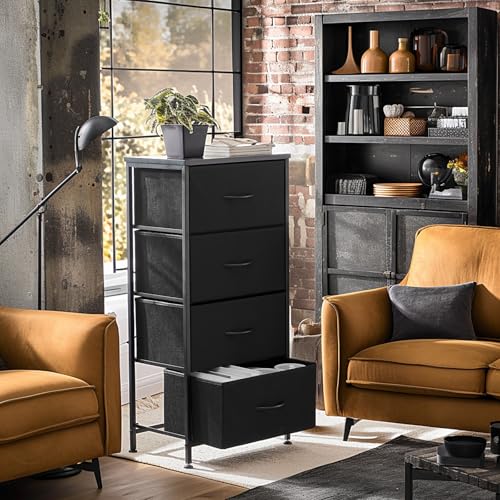 Sweetcrispy Nightstand Small Bedroom Dresser with 4 Fabric Drawers, Bed Side Furniture End Table, Wooden Top Cabinet Night Stand Dresser for Closet, Entryway, Dorm, Black Sweetcrispy