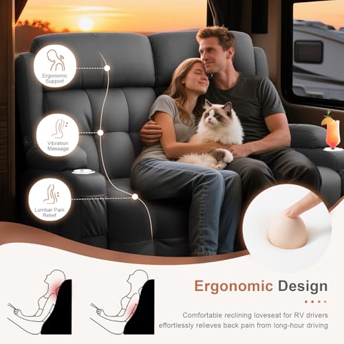 Tiooii RV Loveseat Recliner Sofa, Massage Wall Hugger Recliners Couch with USB Port, Side Pockets, Cup Holders, 150° Reclining Sleeper, for RV Furniture & RV Camper & Home Theater Seating