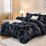 Andency Faux Fur Tie-Dyed Black Blue Comforter Set Full Size, 3 Pieces Fluffy Fuzzy Plush Bedding Comforter Set (1 Shaggy Velvet Comforter & 2 Pillowcases), Soft Puffy Down Comforter Bedding Set Andency