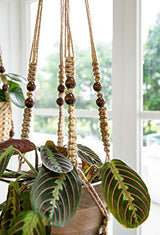 Mkono Macrame Plant Hanger Indoor Jute Hanging Planter Basket with Wood Beads Decorative Flower Pot Holder No Tassels for Indoor Outdoor Boho Home Decor 35 Inch, Brown, Set of 1 (POTS NOT Included) Mkono