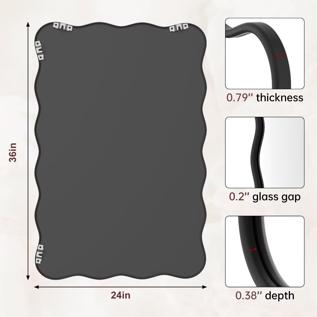 PROHOMEWARE 24 * 36" Black Bathroom Mirror for Wall,Wavy Rectangular Mirror,Vanity Mirror,Bathroom Mirrors for Wall-Mounted Metal Frame Mirror for Bedroom Entryway Living Room Farmhouse (Black) PROHOMEWARE
