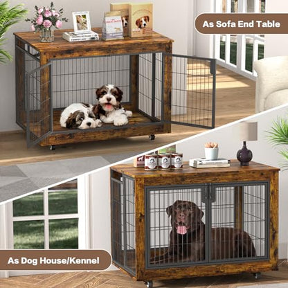 EasyCom Large Dog Crate Furniture, 41.33" Extra Large Dog Kennel Indoor with Top-Access Teasing/Feeding Door, Spacious Dog Crates for Large Dogs, Furniture-Style Dog Cage with Wheels Dog Crat - WoodArtSupply