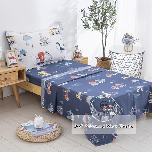 DJY Cotton Twin Bedding Set, Dinosaur Cars Reversible Twin Comforter Set for Kids Boys Girls, 4 Pieces Bed in a Bag Includes Quilted Comforter, Flat Sheet, Fitted Sheet and Pillowcase DJY