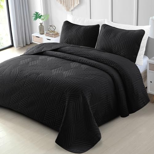 Exclusivo Mezcla Ultrasonic King Quilt Bedding Set, Lightweight Black Bedspreads Soft Modern Geometric Coverlet Set for All Seasons (1 Quilt and 2 Pillow Shams) Exclusivo Mezcla