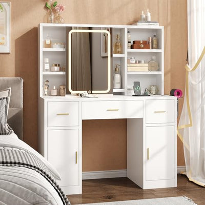 knoworld Vanity Desk with Sliding Mirror & LED Lights, Smart Makeup Table with Charging Station, Hairdryer Holder, 7 Shelves, 3 Drawers, 2 Cabinets, Vanity with Extra Hidden Stroage for Bedroom,White