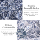 BLOOMHAVEN Quilt Set Queen Size, Oxford Blue Floral Quilt Sets, Reversible Bedspread Lightweight and Breathable for All Seasons, Soft Quilted Bedspread with 2 Pillow Shams BLOOMHAVEN