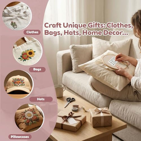 CLRDIVA Hand Embroidery Kit for Clothes: 120 Trendy Designs Flower Embroidery Patterns Stick and Stitch Transfers - Stamped Water Soluble Stabilizers for Adult Experienced Crafters DIY T-Shirts Jeans CLRDIVA