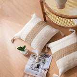 DUKYMIK Woven Farmhouse Accent Decorative Throw Pillow Covers for Couch Sofa - 18 x 18 Inch Decorative Boho Neutral Pillow Cushion with Tassels for Living Room, Natural Beige, Single Stripe DUKYMIK