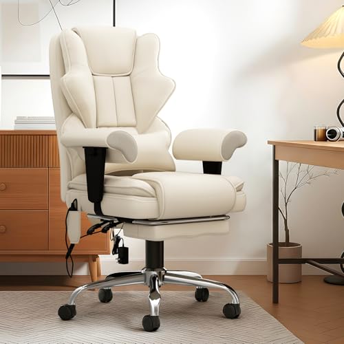 Mvpipi 7-Point Massage Office Chair,Heated Manageral Chair,Ergonomic Executive Chair with Footrest,Adjustable Armrest，Computer Chair for Offices, Study Areas, Gaming Spaces,Beige