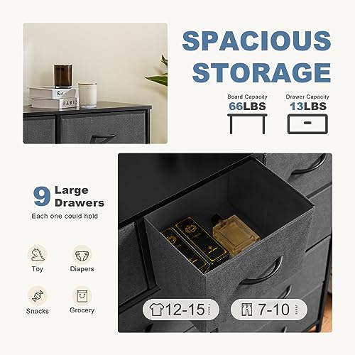 DUMOS Dresser for Bedroom, Dressers & Chests of Drawers Dresser Organizer, Wood Top Table Furniture with 9 Fabric Storage Tower Unit, Chest of Drawers for Closet, Living Room, Hallway, Porch DUMOS