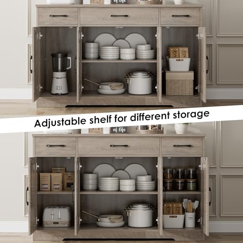 HOSTACK Buffet Sideboard Cabinet with Drawers, 55" Large Buffet Storage Cabinet with Shelves & 4 Doors, Modern Farmhouse Coffee Bar Cabinet Wood Buffet Table for Kitchen, Dining Room, Ash Grey HOSTACK