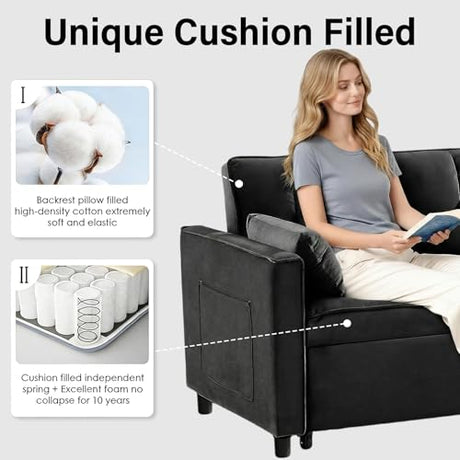 3 in 1 Convertible Sleeper Sofa Bed, Velvet Loveseat Futon Pull-Out Couch with Adjustable Reclining Backrest, Side Pockets and Pillows for Living Room, Bedroom, Apartment, Small Spaces (Black-Velvet) Ehsovlnut