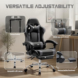 DUMOS Ergonomic Gaming Office Desk Chair with Footrest and Headrest for Adults, PU Leather Video Computer Chair with Linkage Armrests, Height Adjustable 360° Swivel Recling Chair, Black Grey DUMOS