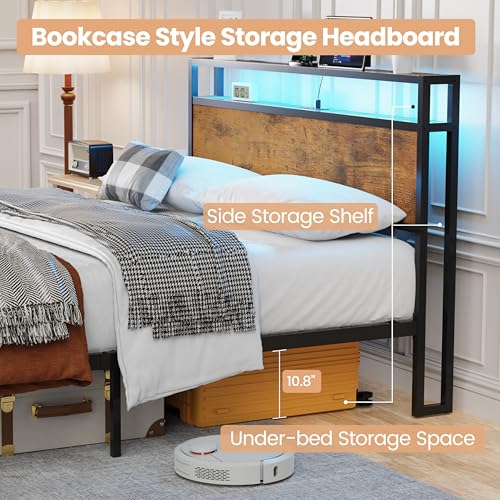 Flolinda King Size Bed Frame with Headboard, King Metal Bed Frame Storage with LED Lights & Charging Station,w/Solid 11 Bed Legs, No Box Spring Needed, Noise Free, Easy Assembly Flolinda