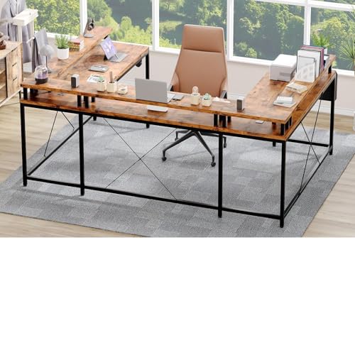 PeacefulHues 126 Inch U Shaped Gaming Desk with Monitor Stand and LED Lights, Reversible Large Computer Desk with Power Outlets, Office Desk with Storage Bag and Hooks, Vintage Style PeacefulHues