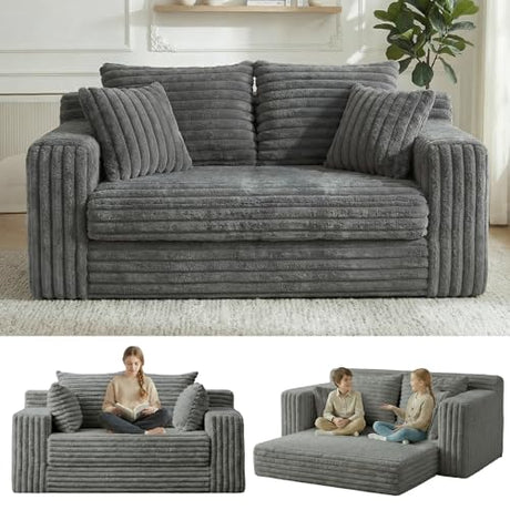 3-in-1 Convertible Sofa Bed: Boneless Loveseat Sleeper & Folding Couch Bed with 4 Pillows & Detachable Cushion, Furry Futon Couch for Bedroom, Apartment, Office and Living Room, No Assembly, Grey Winzoo