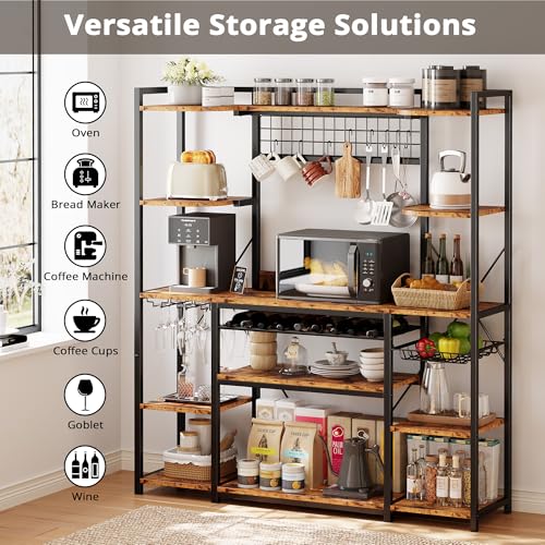 IRONCK Large Bakers Rack with Power Outlet, 62 Inch Wide Microwave Stand, Coffee Bar with Storage, Kitchen Racks and Shelves, Vintage Brown